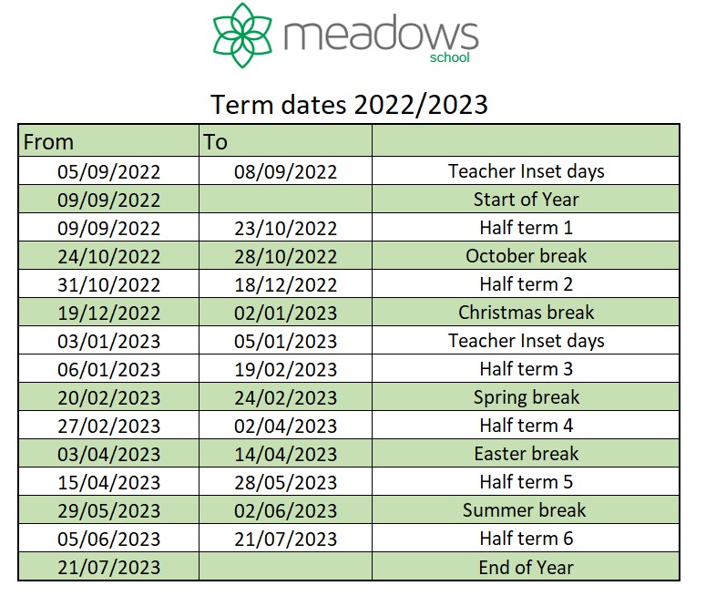 term dates 22 -23 | Meadows School